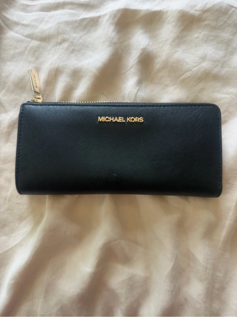 Michael Kors Black Leather Zip-Around Wallet with Gold Logo